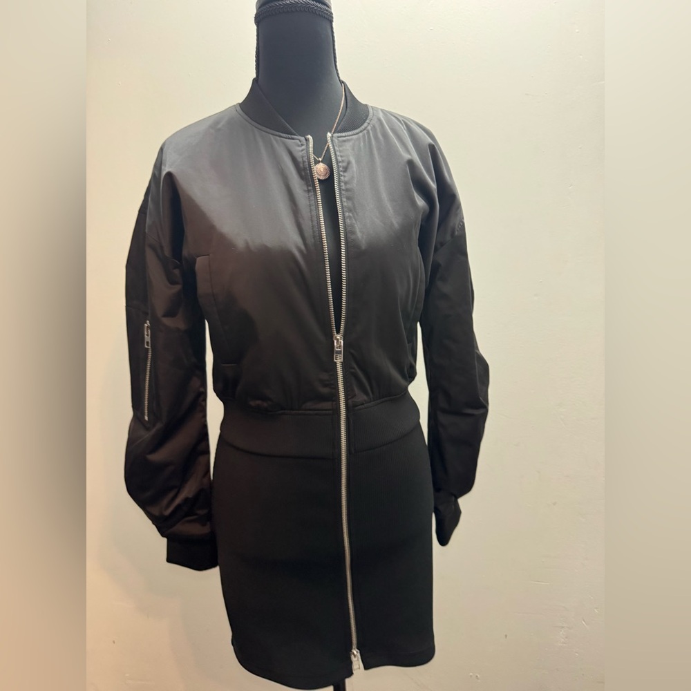 Zara Mini Quilted Black Bomber Jacket Dress with Silver Zipper